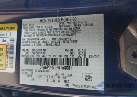 2015 Ford Fusion Se из США, поврежденный, VIN 3FA6P0H70FR168081